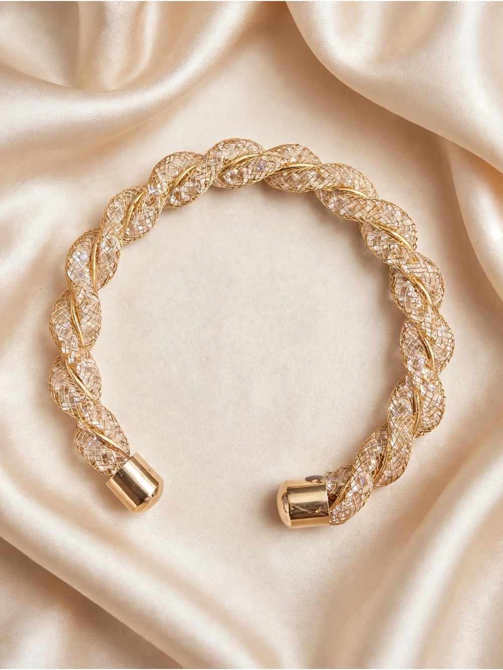 Braided Crystal Mesh Gold Torque Bracelet - Women's Fashion Jewelry